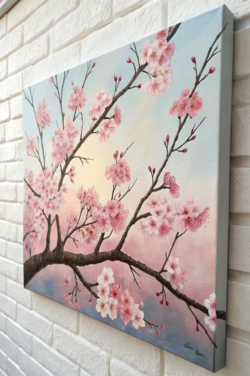 Dark minimalist branches and dabbed pink petals for an easy cherry blossom acrylic painting idea