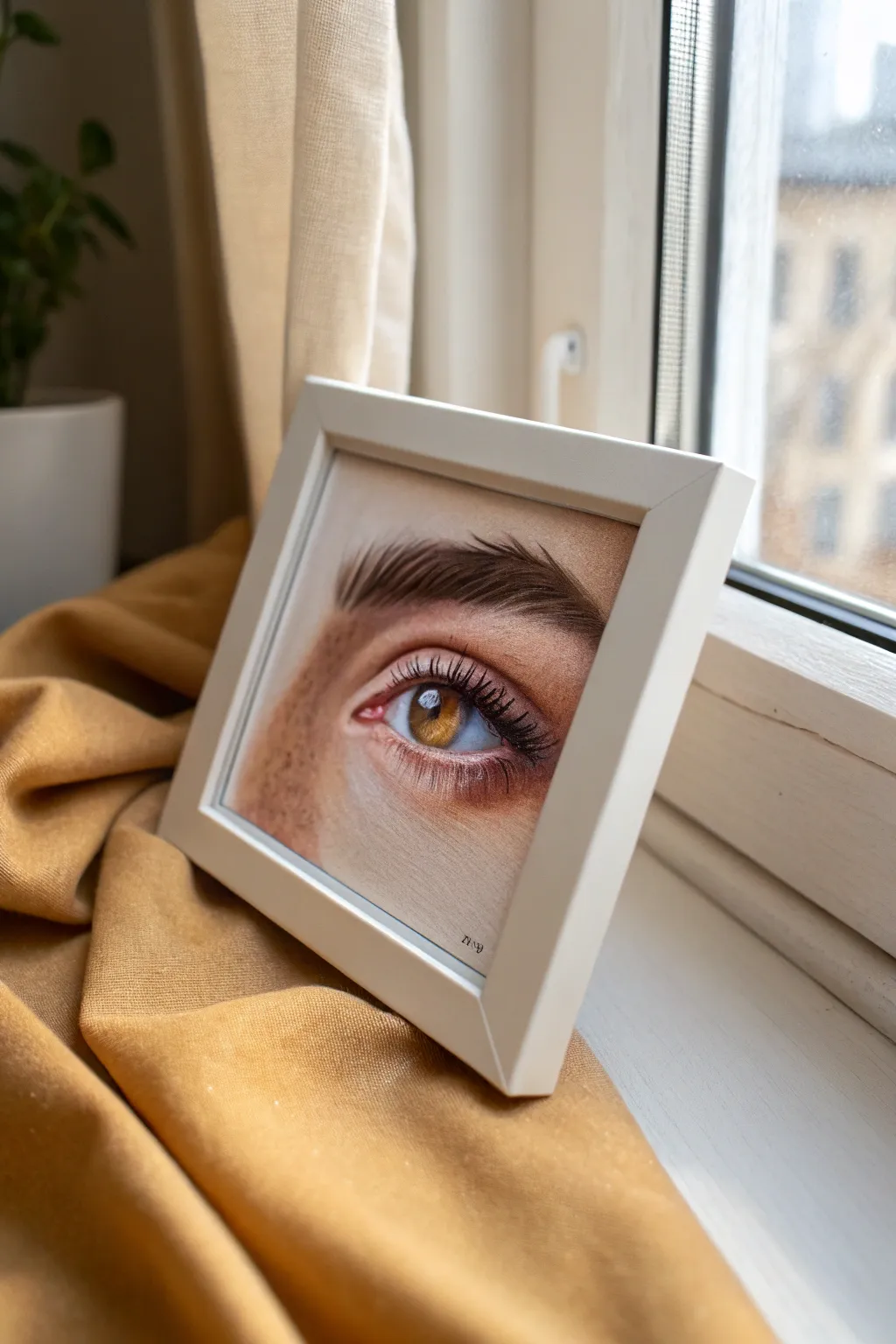 Tiny acrylic eye study with crisp catchlight and soft lip tones for mini portrait practice.