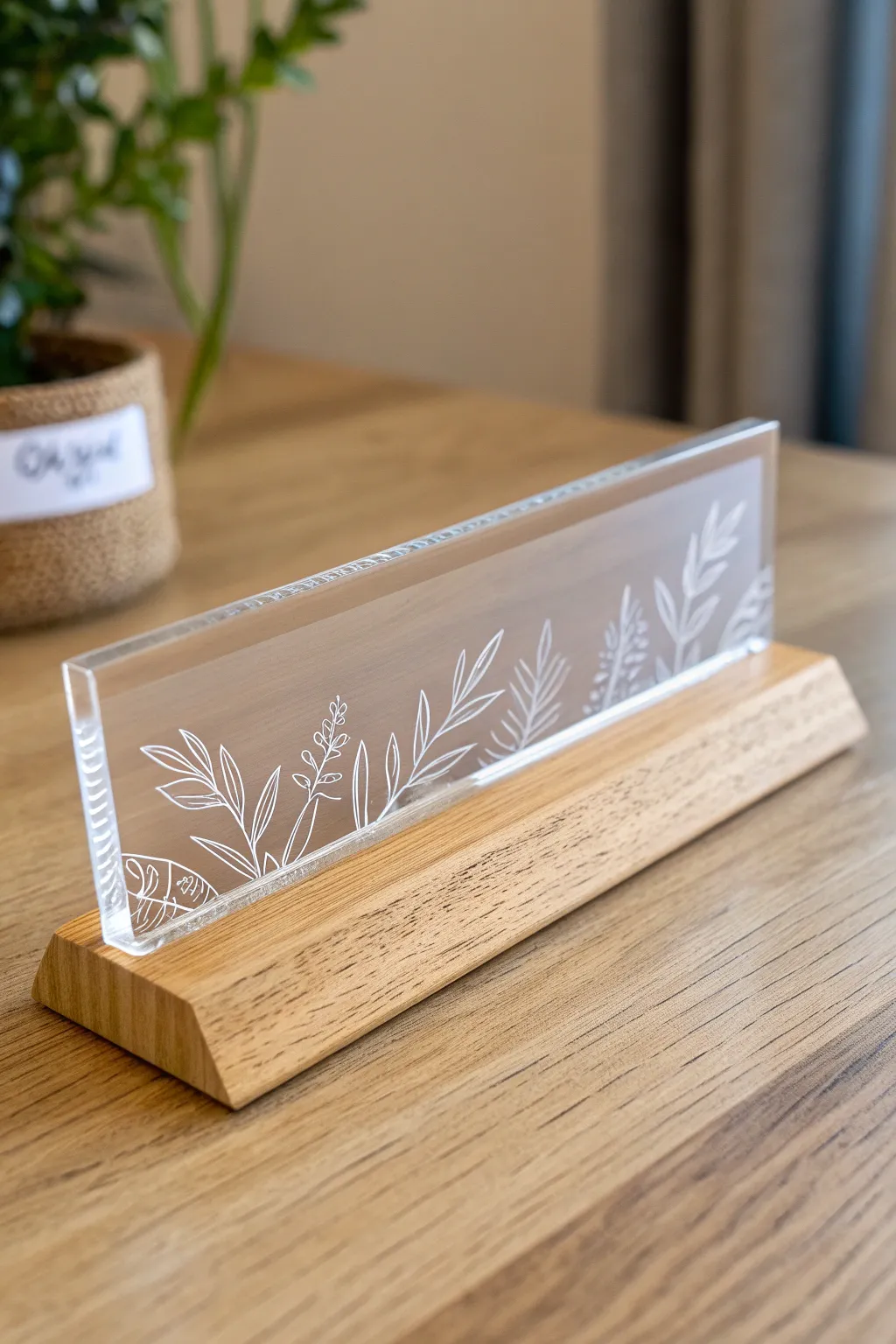 DIY acrylic desk name plate with frosted engraving, minimalist boho style for a chic workspace