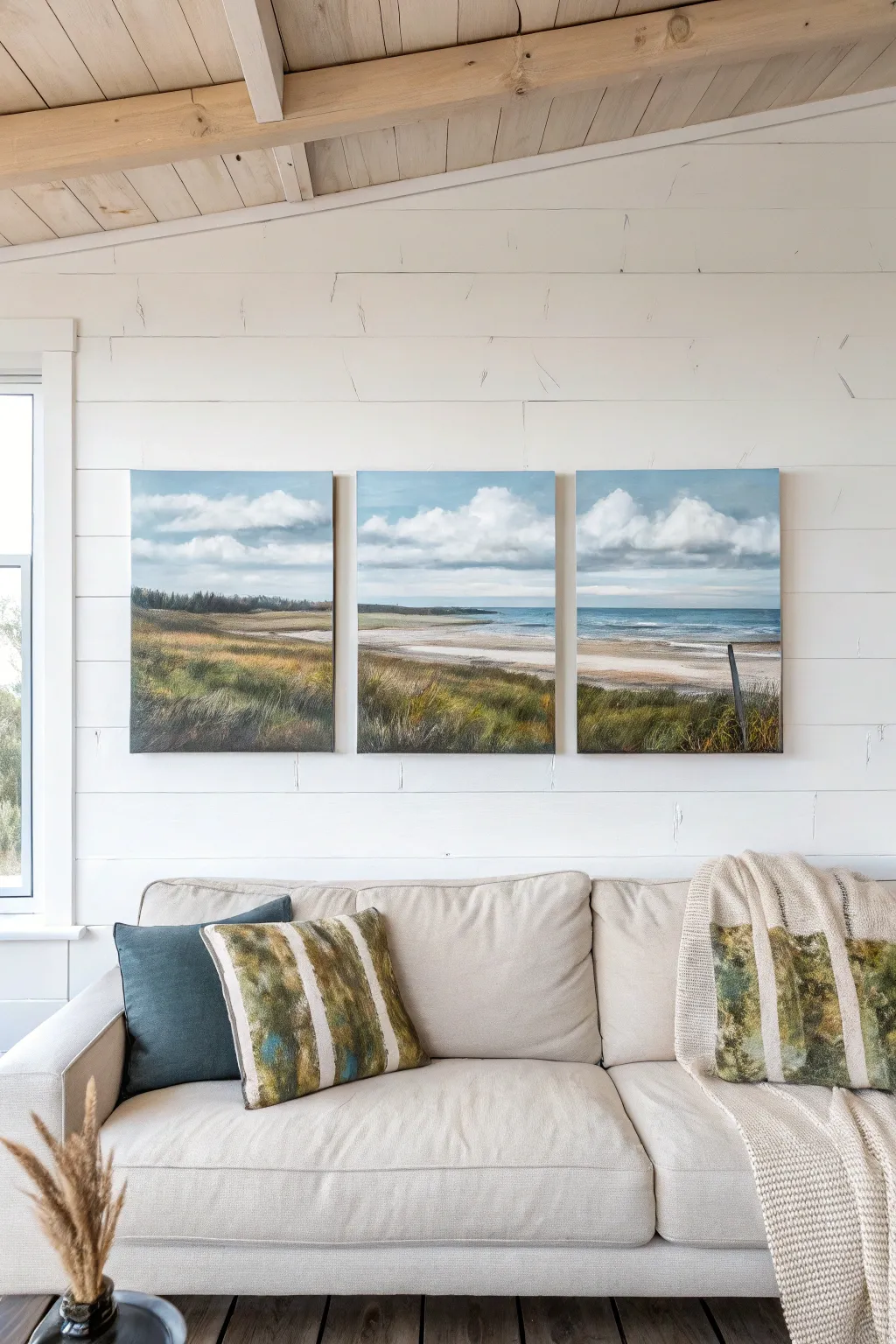 Minimalist triptych acrylic landscape flowing across three panels, made for wide walls