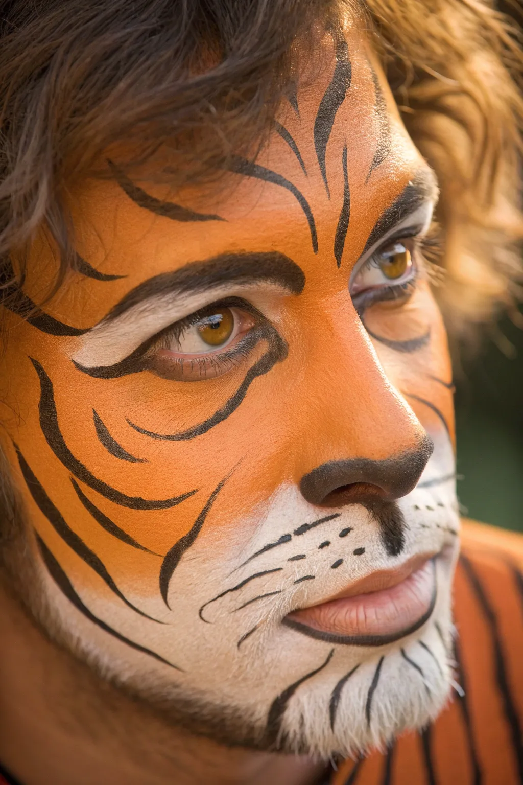 Fierce tiger muzzle face paint with realistic fur strokes, bold stripes, and glowing highlights.