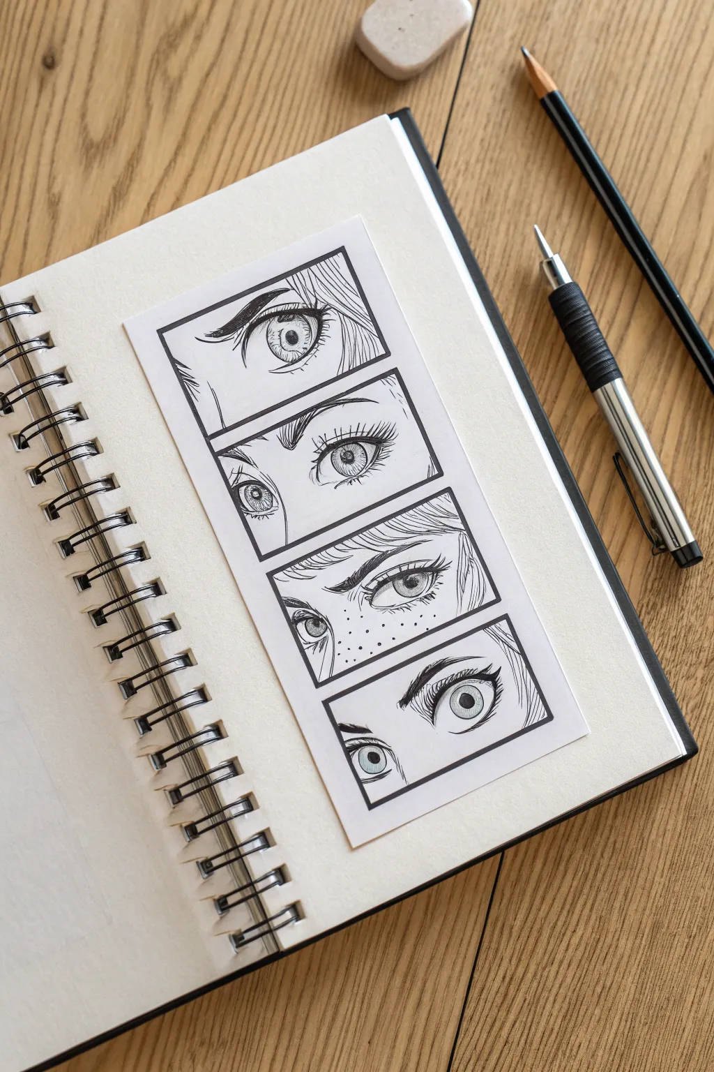 Four manga eyes in a vertical film-strip layout, clean lines and glossy highlights for cozy minimal vibes.
