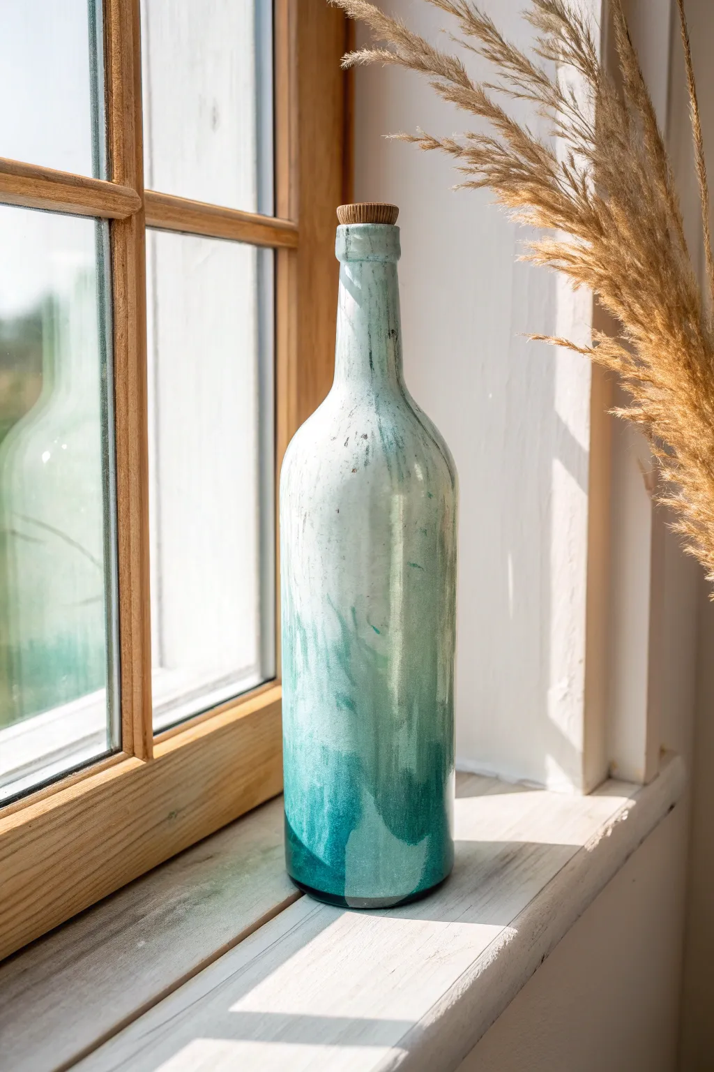 Sea-glass bottle makeover in calm coastal greens on a minimalist windowsill with soft sun glow