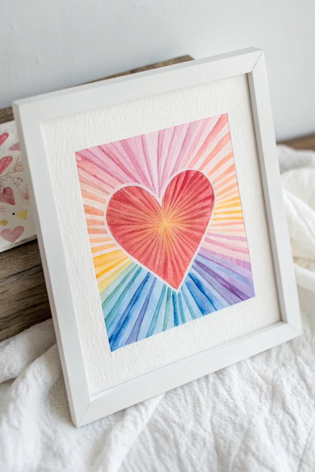 Radial streak burst heart in sunset rainbow tones, minimalist, bold, and beautifully handmade.