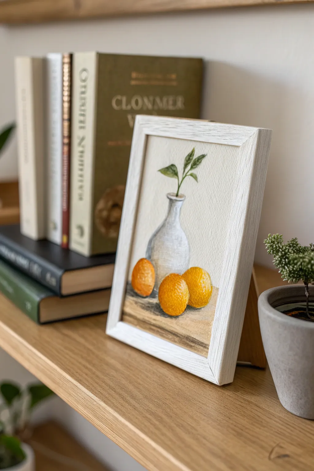 Small still life art on a floating shelf proves tiny paintings make a room feel curated.