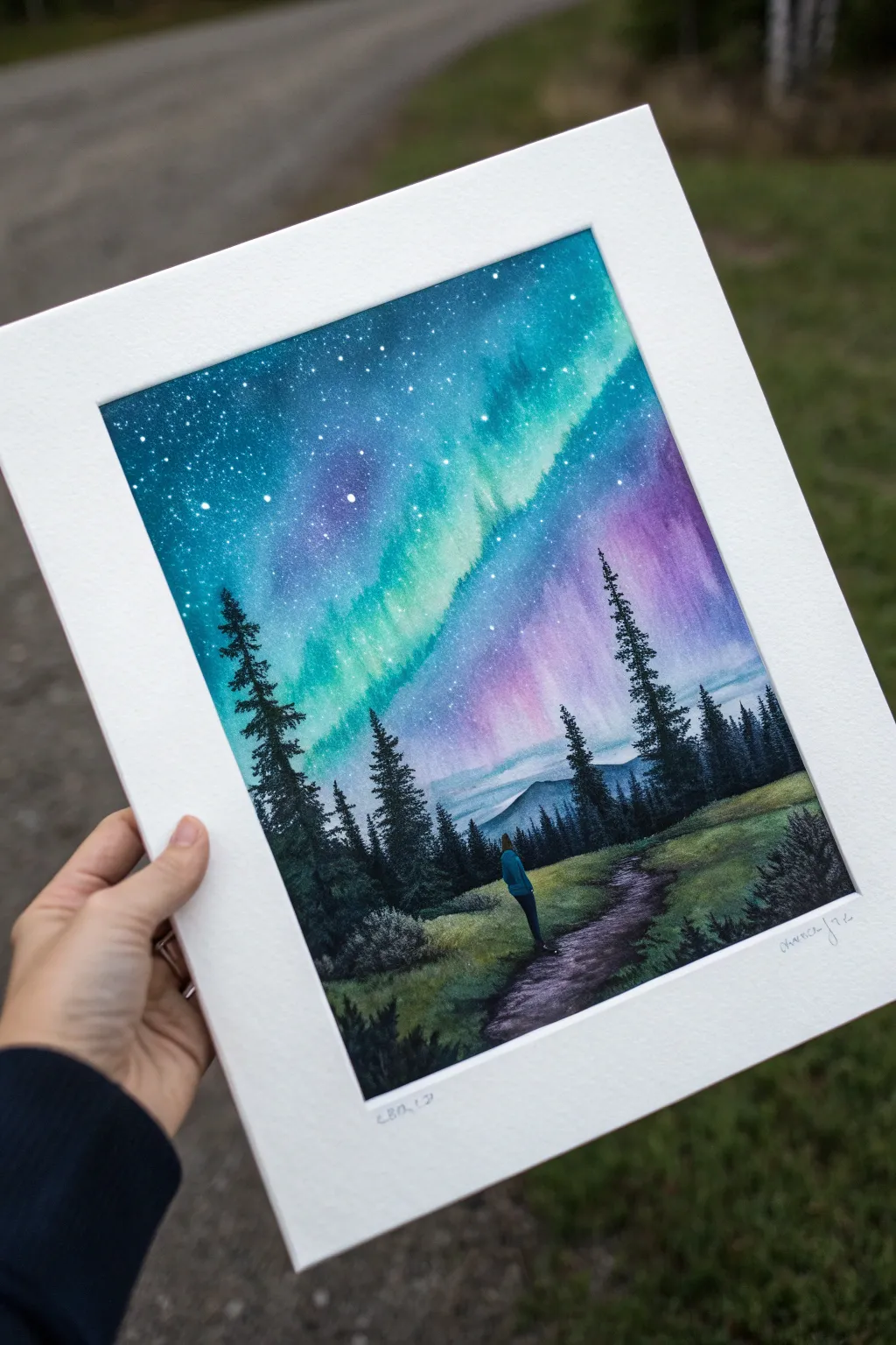 Teal and violet aurora ribbons glow over a dark minimalist landscape, a serene watercolor idea.