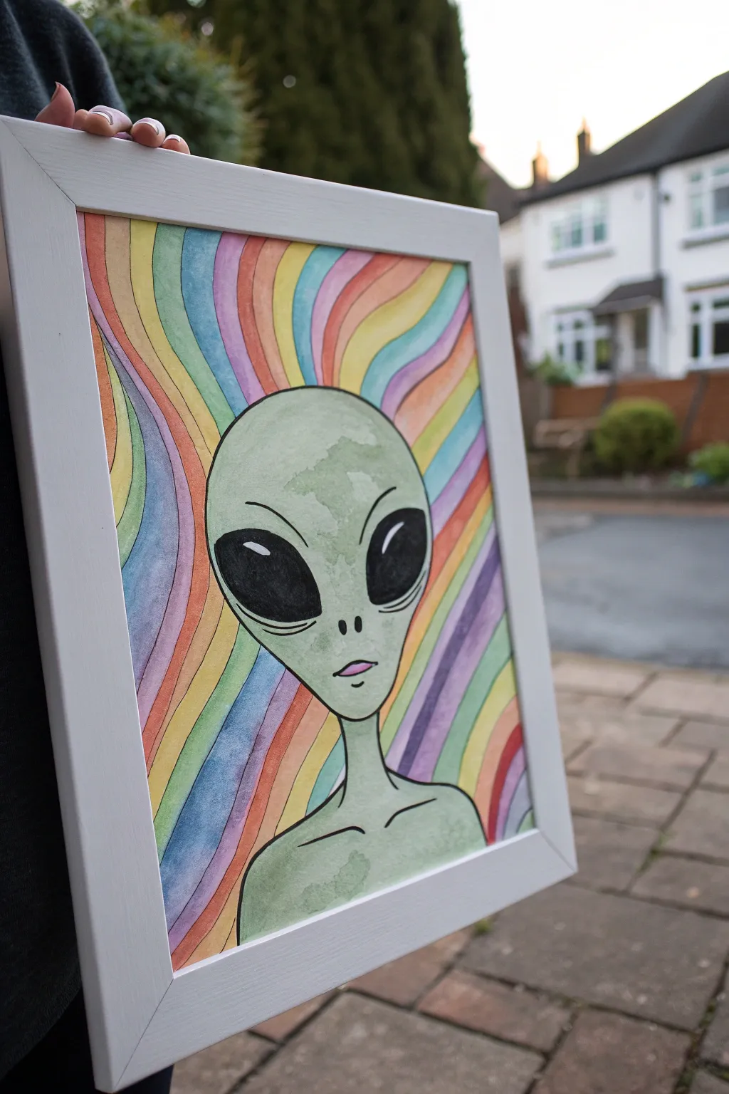 Minimal alien head centered on dreamy rainbow swirls, a feminine psychedelic painting idea