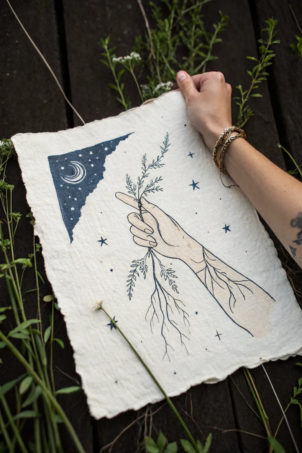 Surreal body mashup sketch: a hand becoming roots with a zipper to a starry night.