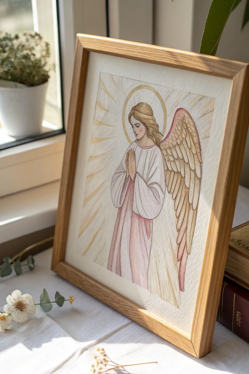 Minimalist praying angel painting in soft neutrals, serene wings and luminous glow.