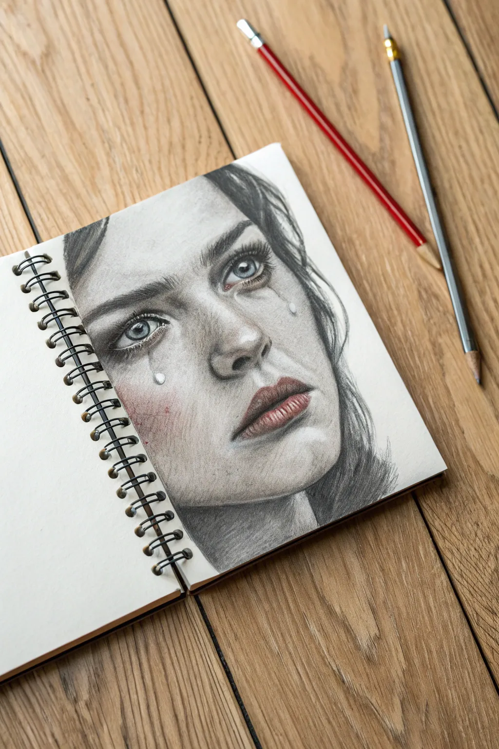 Anger crying in graphite: glossy red eyes and tear tracks carving through bold smudged shading