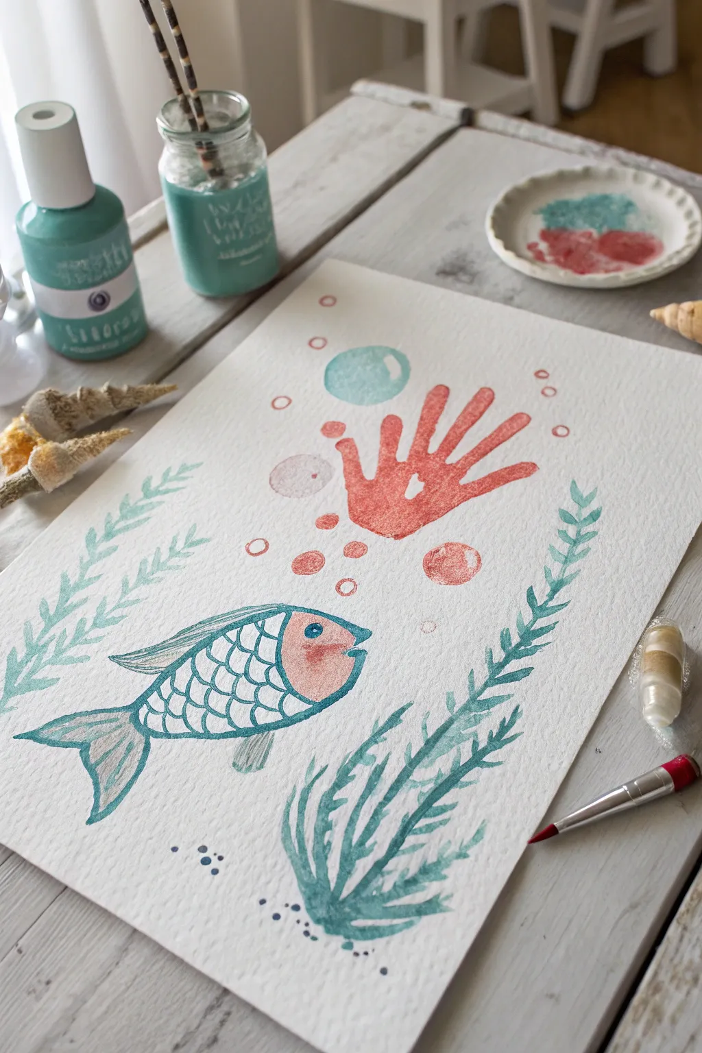 Make ocean magic: a minimalist handprint fish artwork with bubbles and seaweed in soft boho tones.