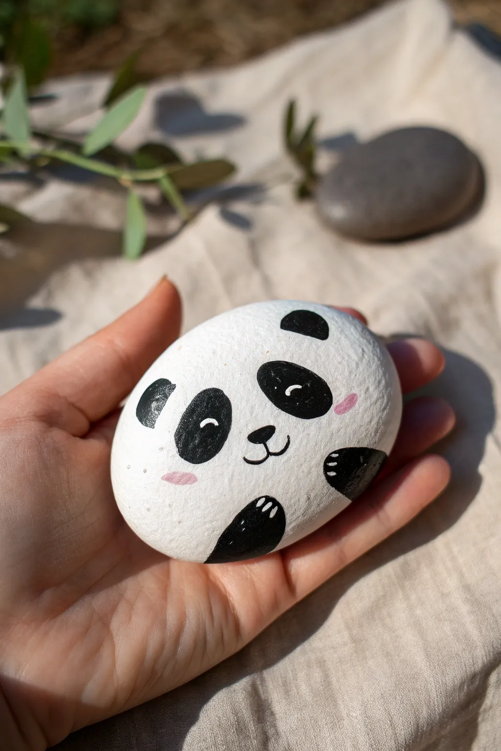 Chubby panda painted rock in hand, simple black-and-white cuteness with cozy boho vibes