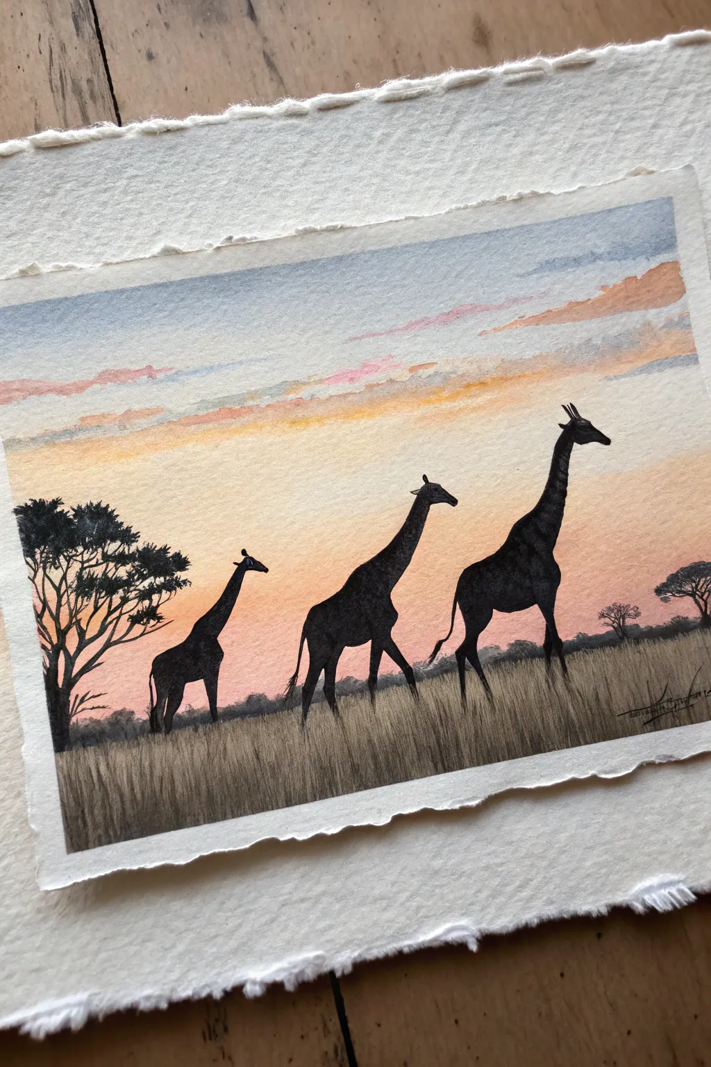 Minimalist giraffe silhouettes at dusk, long shadows and a calm gradient sky for easy painting.