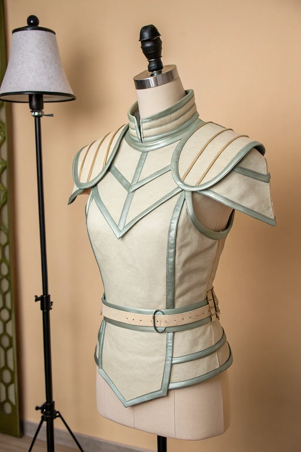 Light armor with cloth undersuit: brushed metal plates paired with matte fabric, simple and elegant.