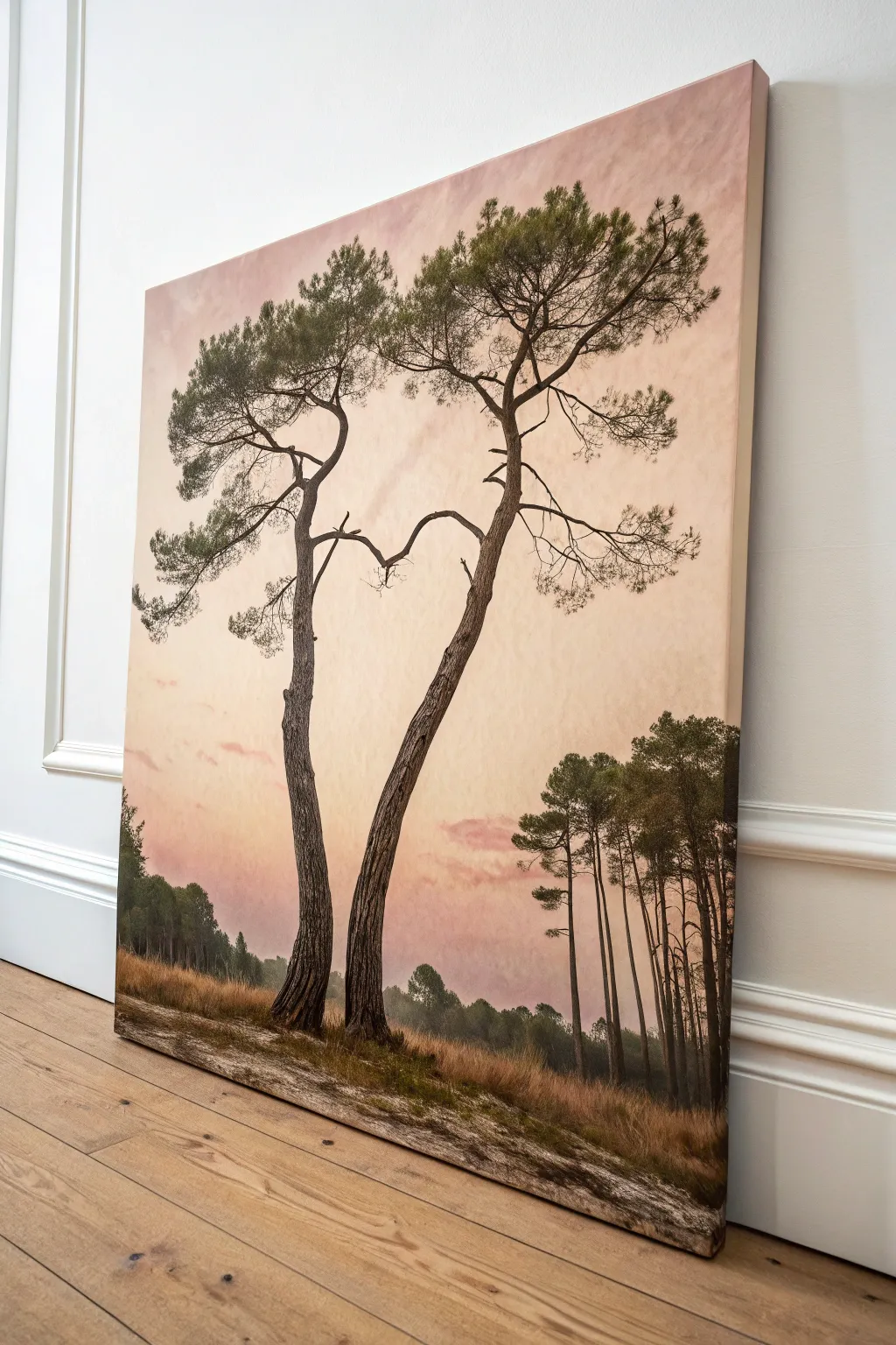 Intertwined trees form a heart canopy, a simple boho-minimal anniversary canvas painting idea.