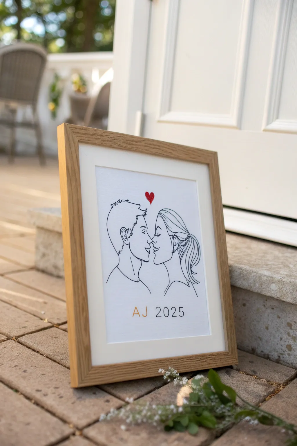 Minimal one-line couple portrait with tiny heart accent, initials and year for an easy anniversary gift.