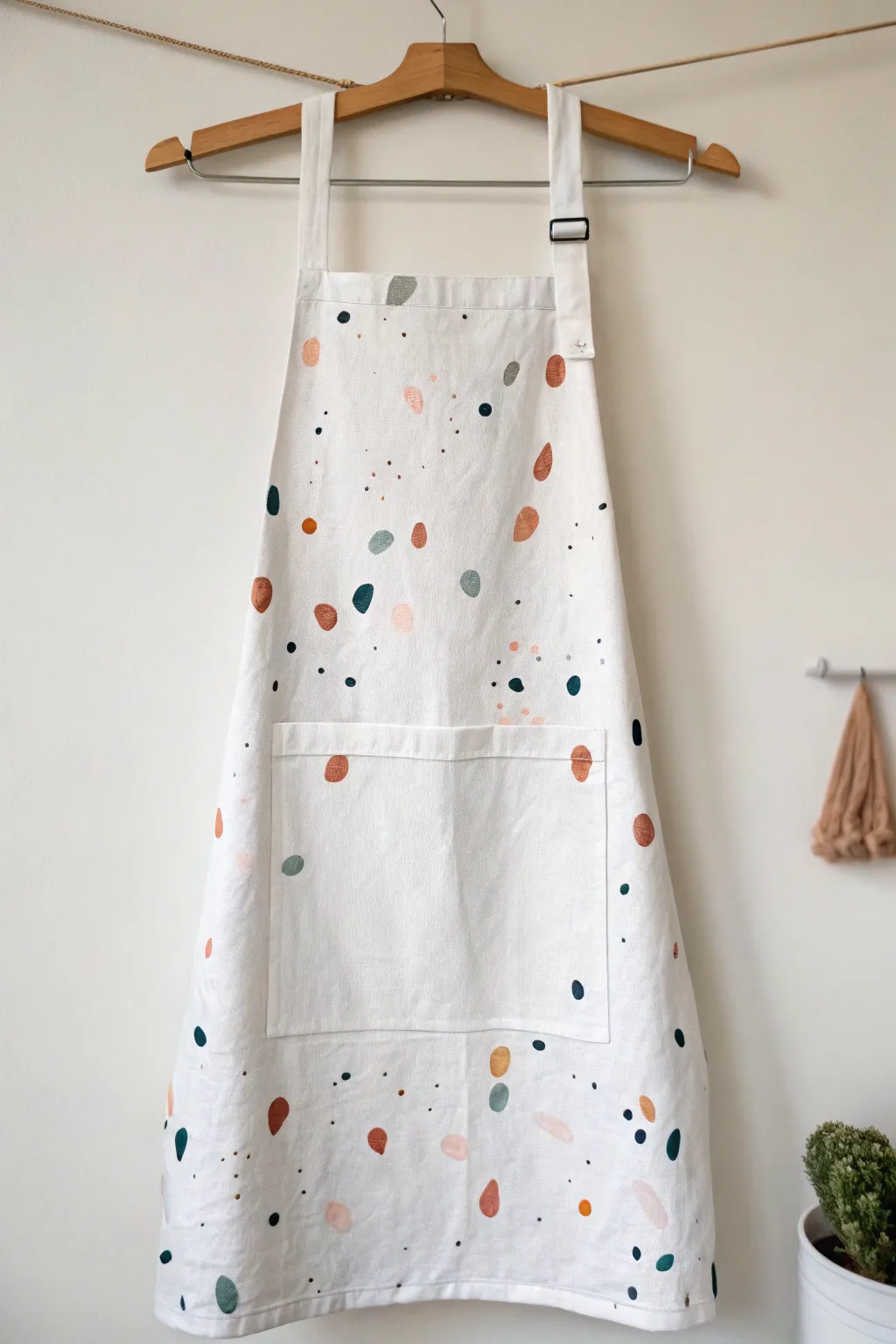 Confetti dot apron: playful splatters by the pocket, Scandinavian minimal studio mood.