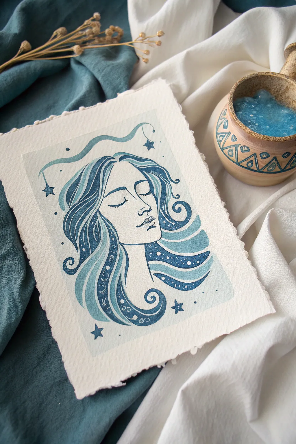 Aquarius portrait where flowing hair turns to water, draping into a tiny ceramic bowl