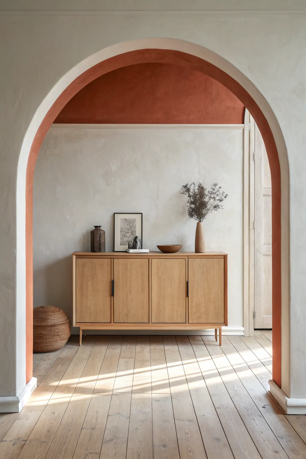Half-arch paint behind a low cabinet for a grounded, modern statement with soft boho warmth.