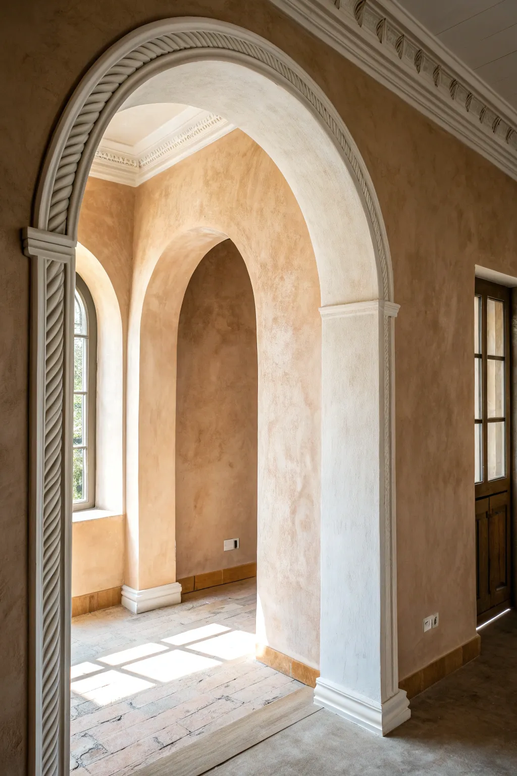 Subtle tone-on-tone arch brings quiet depth to a matte wall, Scandinavian calm with boho warmth.