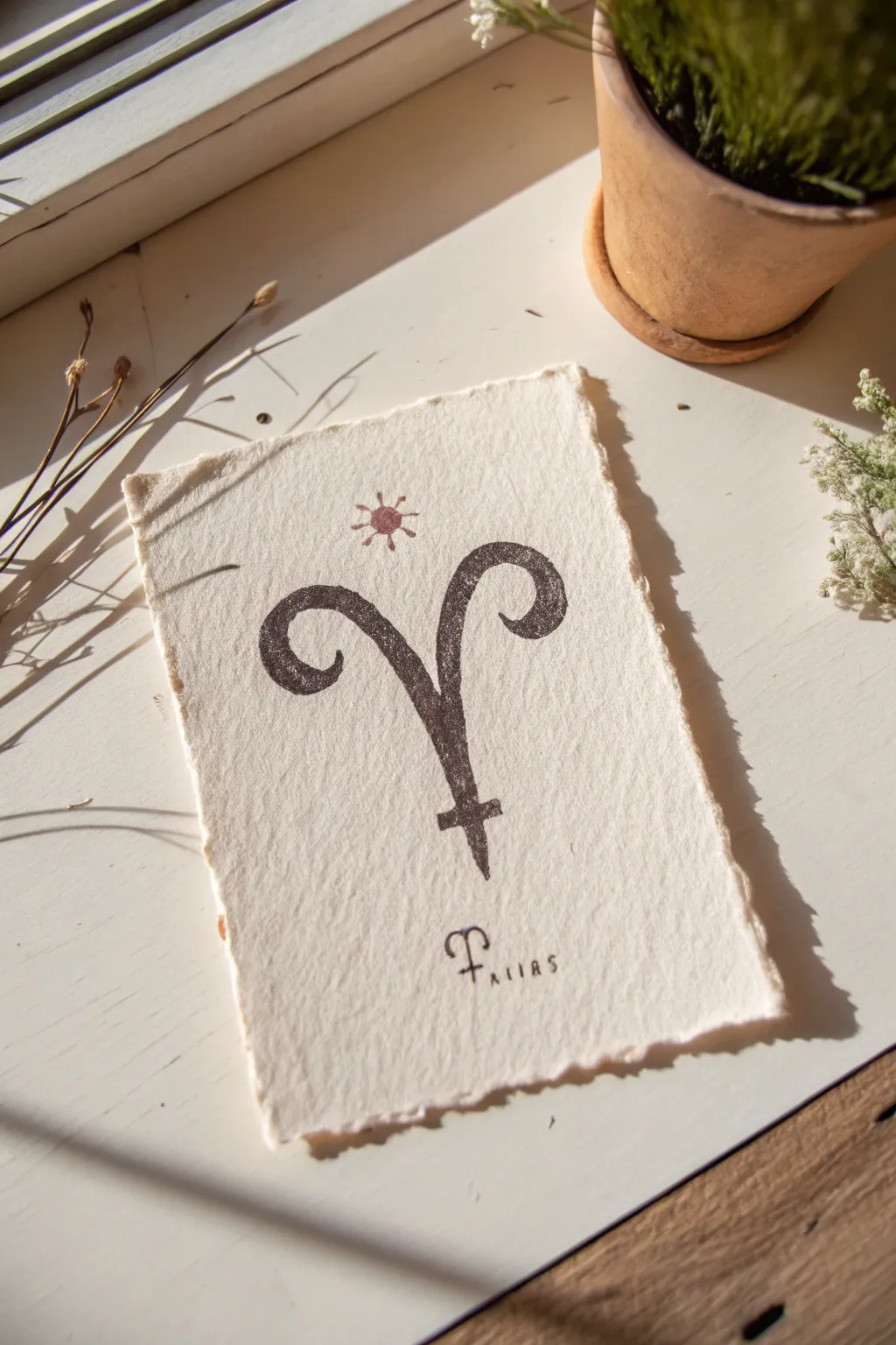 Minimal Aries crest with bold glyph and a delicate Mars accent, clean Scandinavian-boho contrast