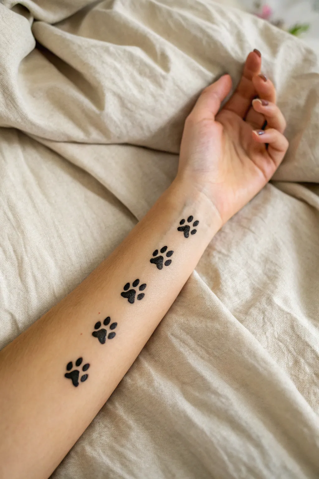 Easy paw print forearm painting ending in a tiny heart, minimalist boho vibes with crisp contrast.