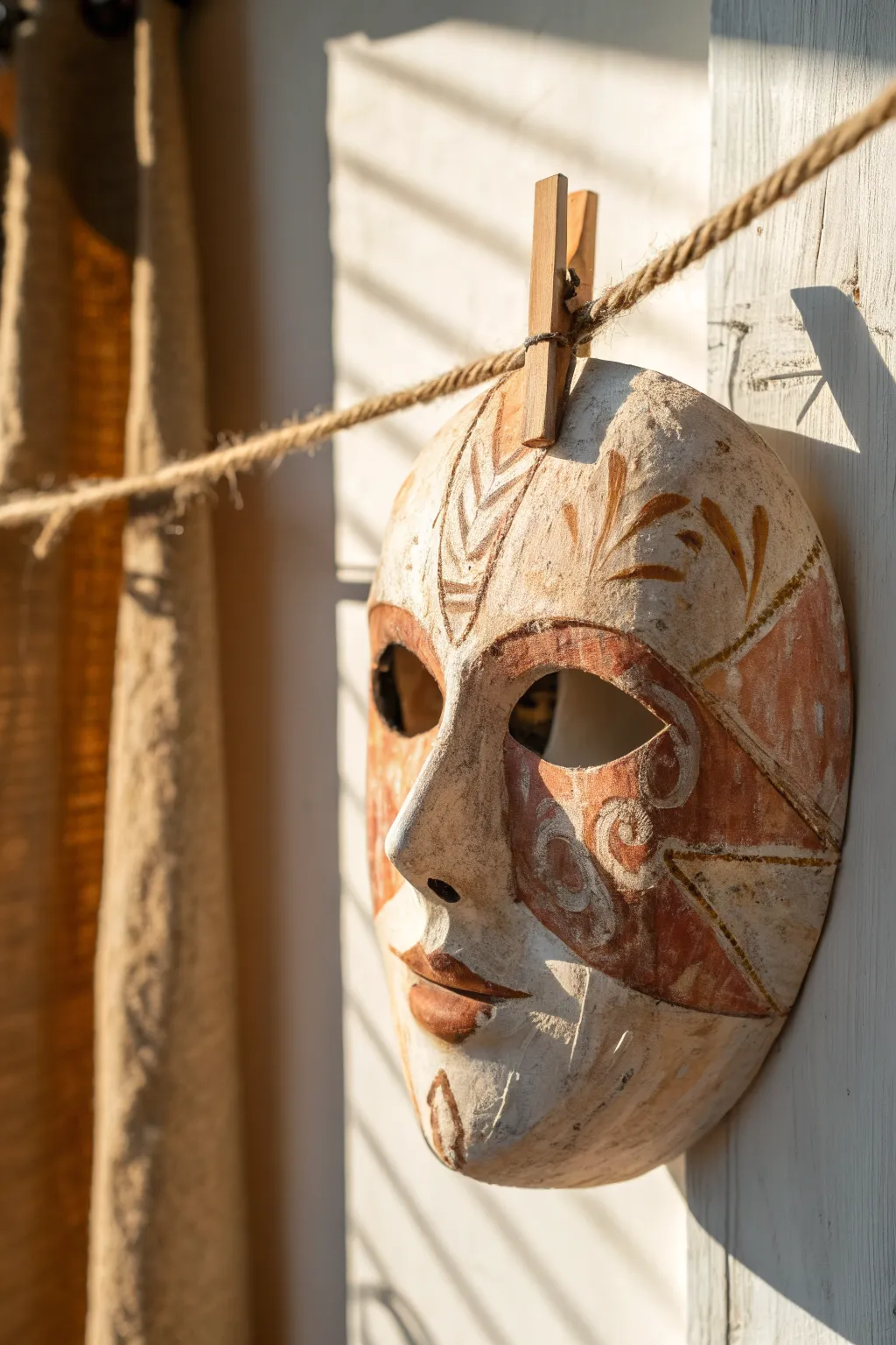 Boho-minimal mask display inspiration for art club night, one handmade mask in crisp focus.