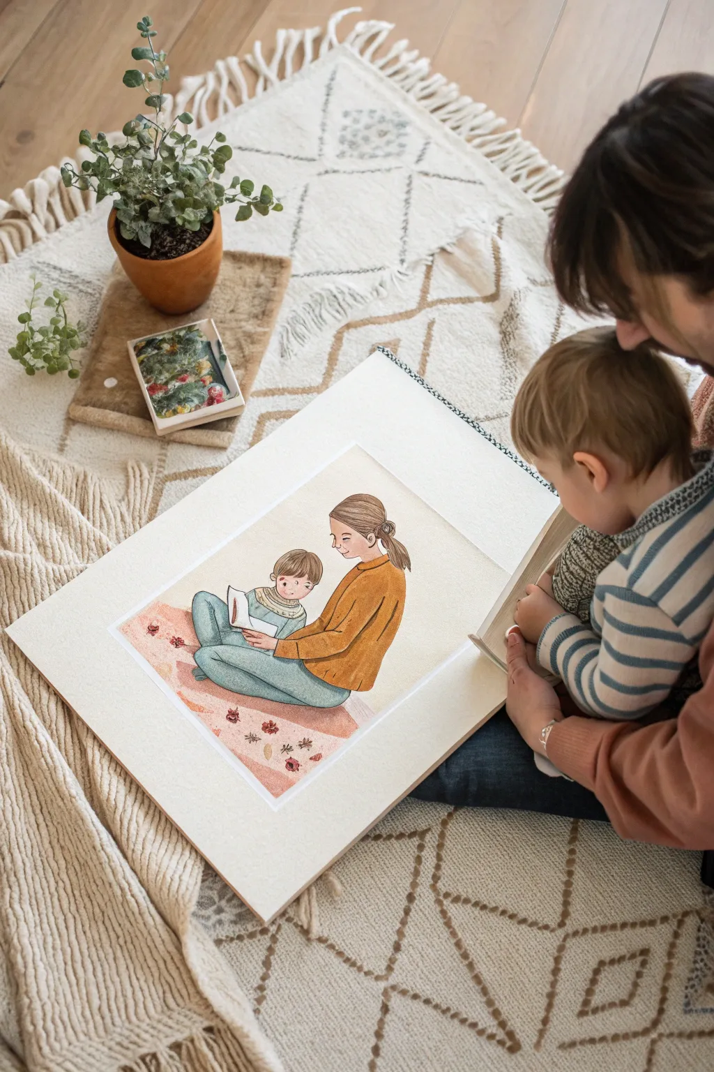 Cozy storybook family illustration in warm earthy tones, minimalist Scandinavian with boho charm
