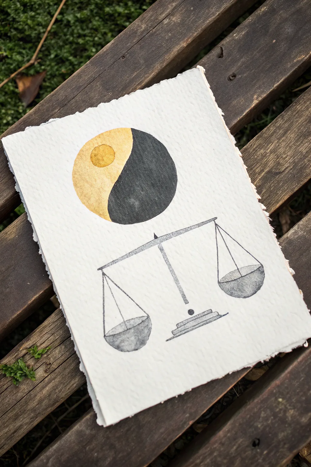 Steelyard balance: one bold dark weight and one small bright accent create calm asymmetry.