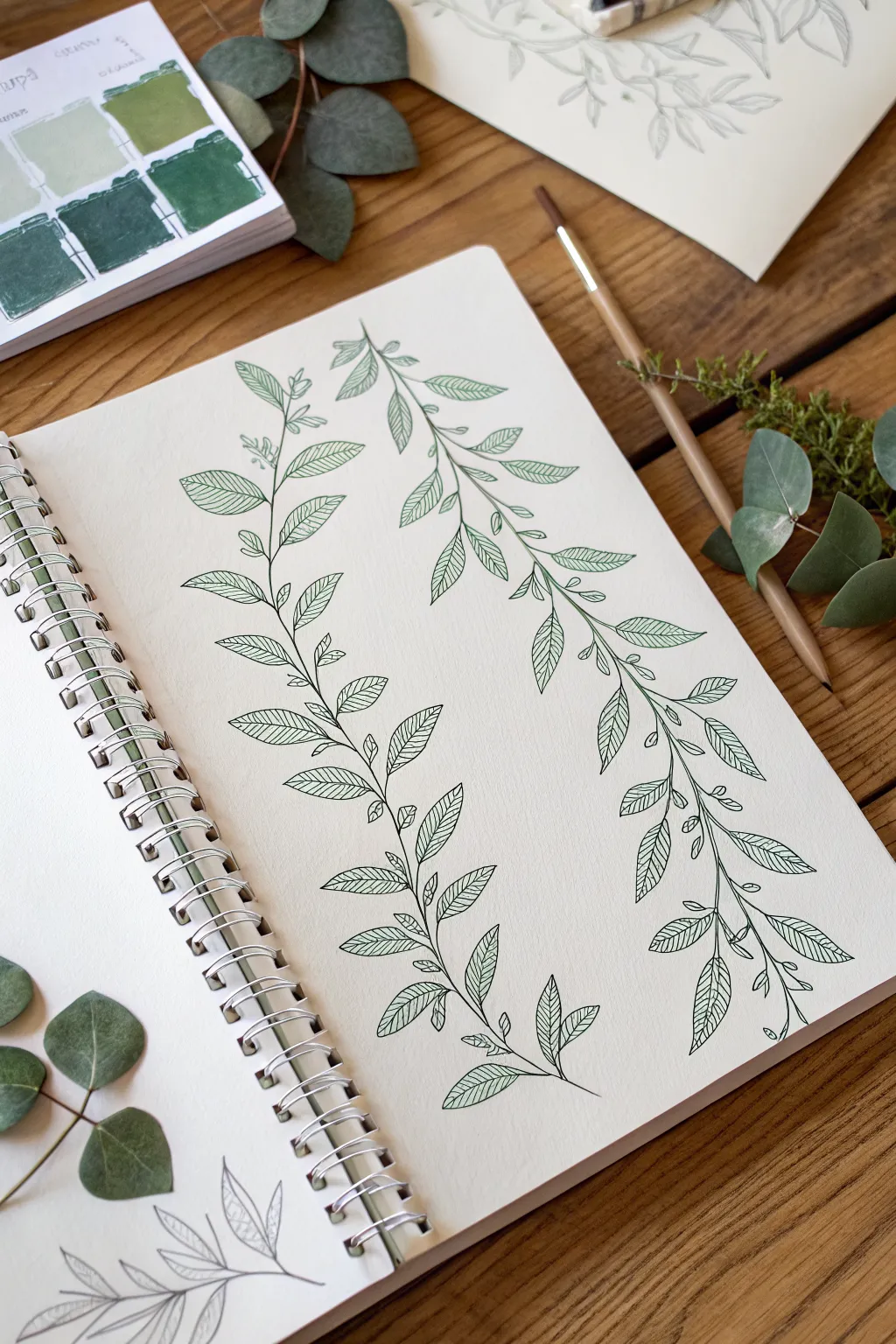 Leafy vine repeat pattern with thin ink lines and soft sage wash, neatly shown on a flat page