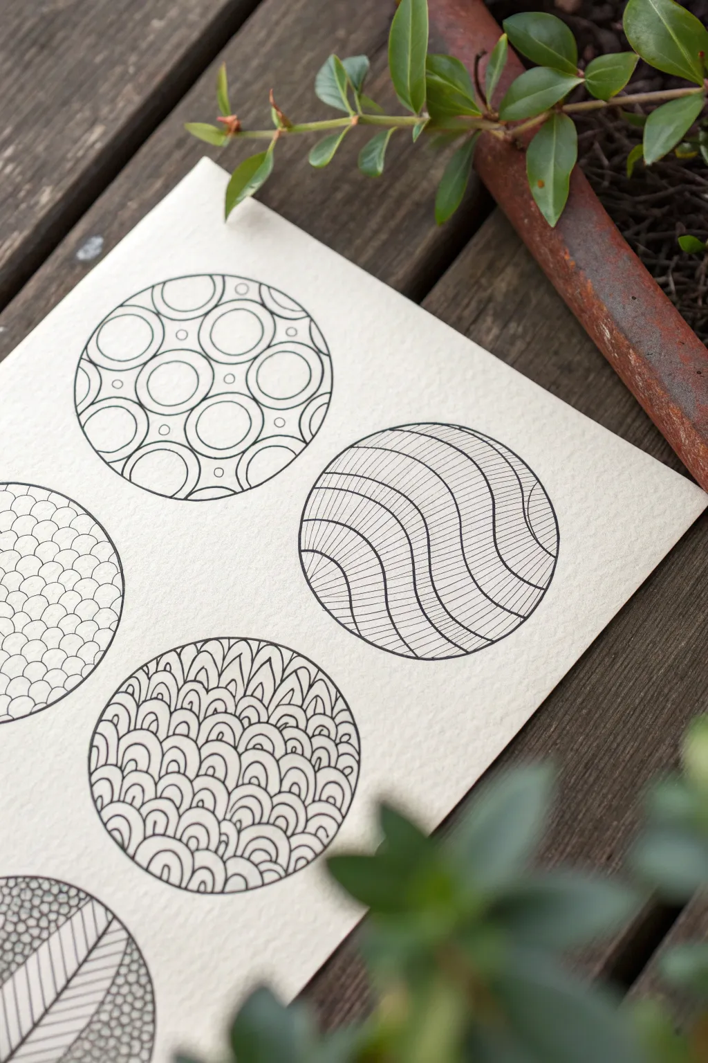 Overlapping shapes filled with simple textures for an easy, modern doodle art exercise.