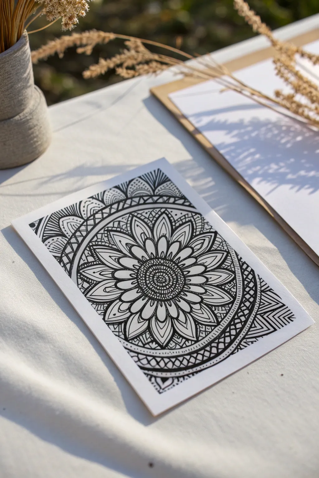 Crisp black-ink zentangle ATC on white paper, minimalist style with bold high contrast detail.