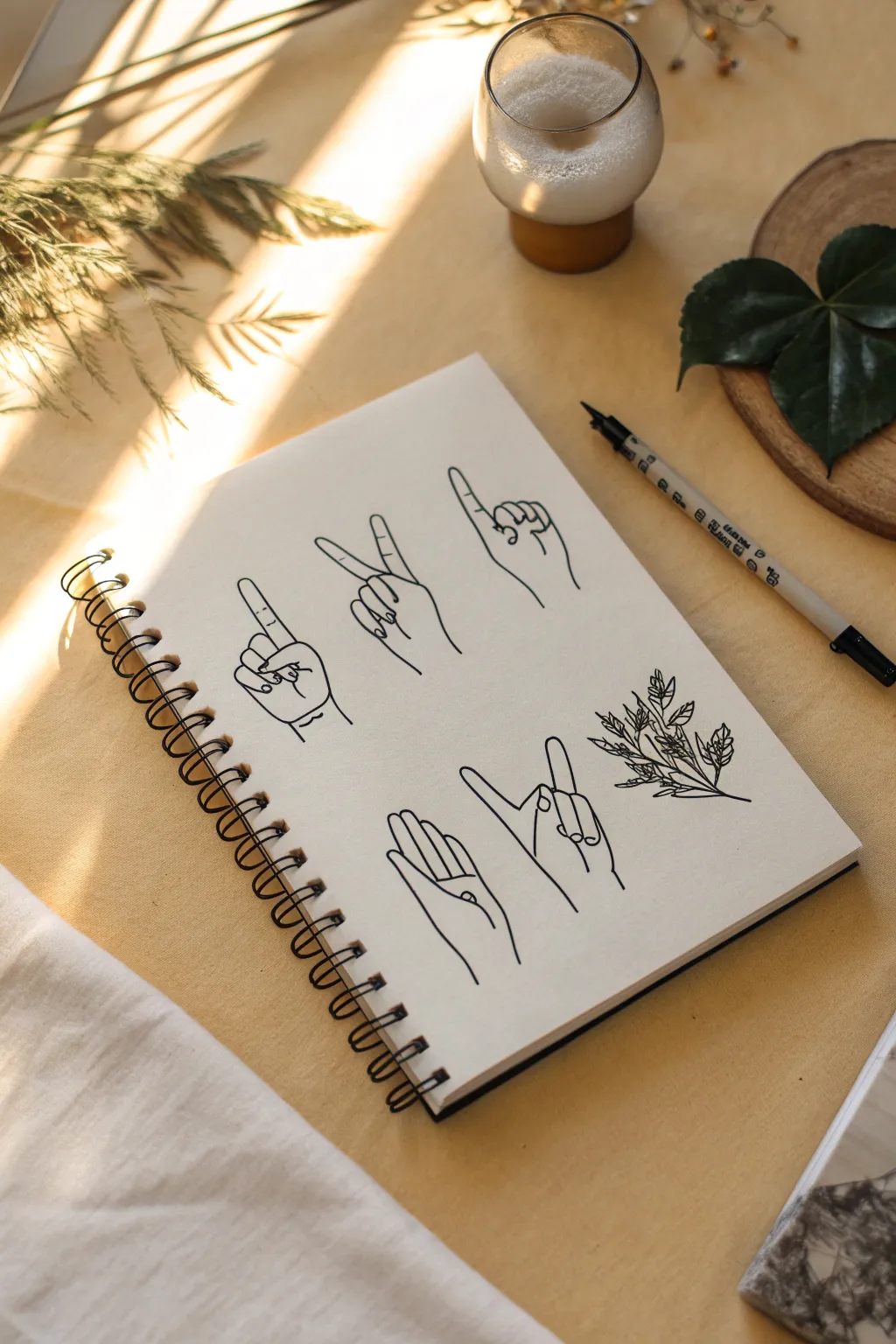 Elegant one-line ASL handshapes in ink, minimalist Scandinavian vibe with a soft boho touch