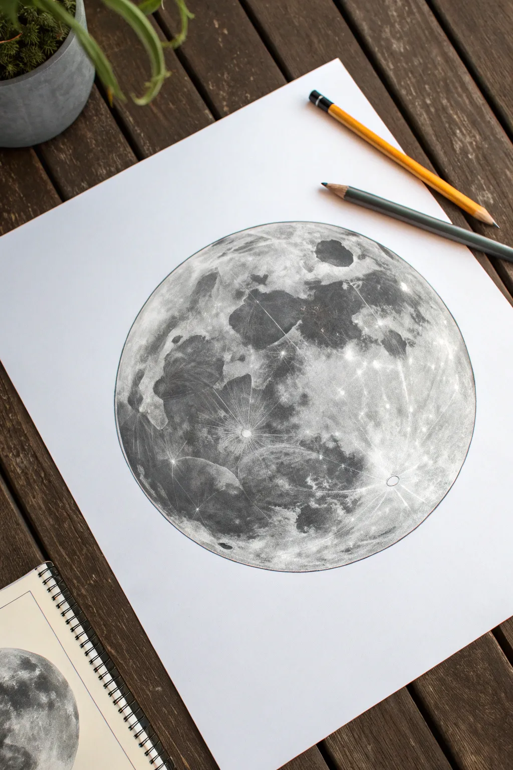 Cratered full moon shading study with soft graphite gradients and crisp rim highlights