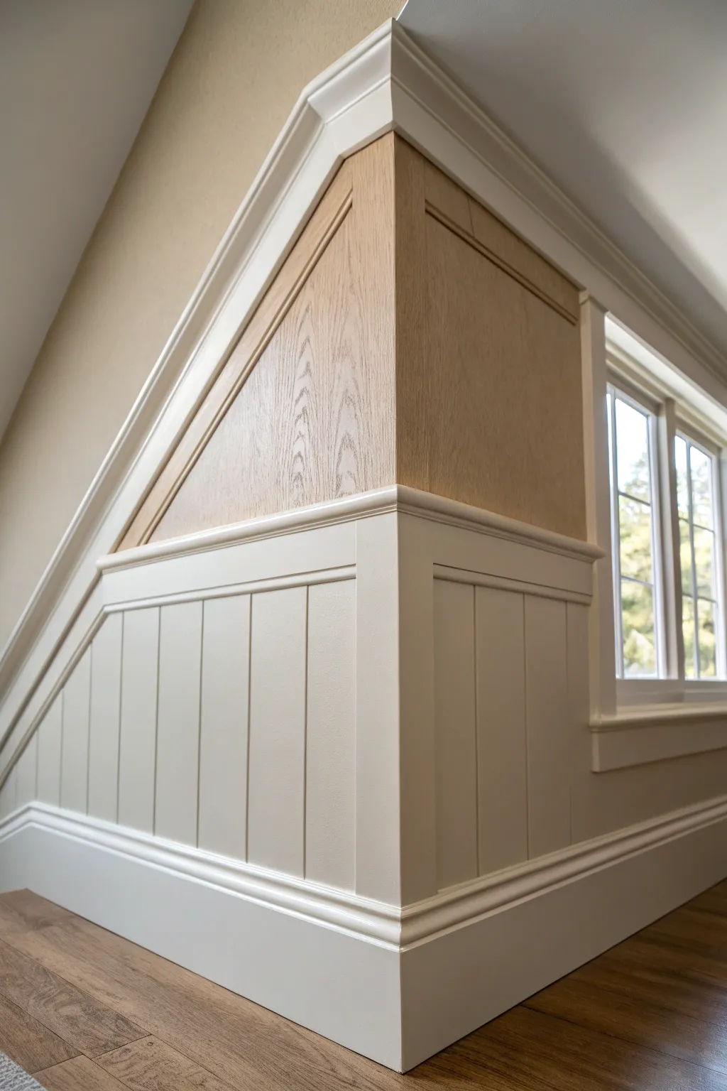 Wall-matched trim on an attic knee wall quiets the angles for a calm, seamless look.