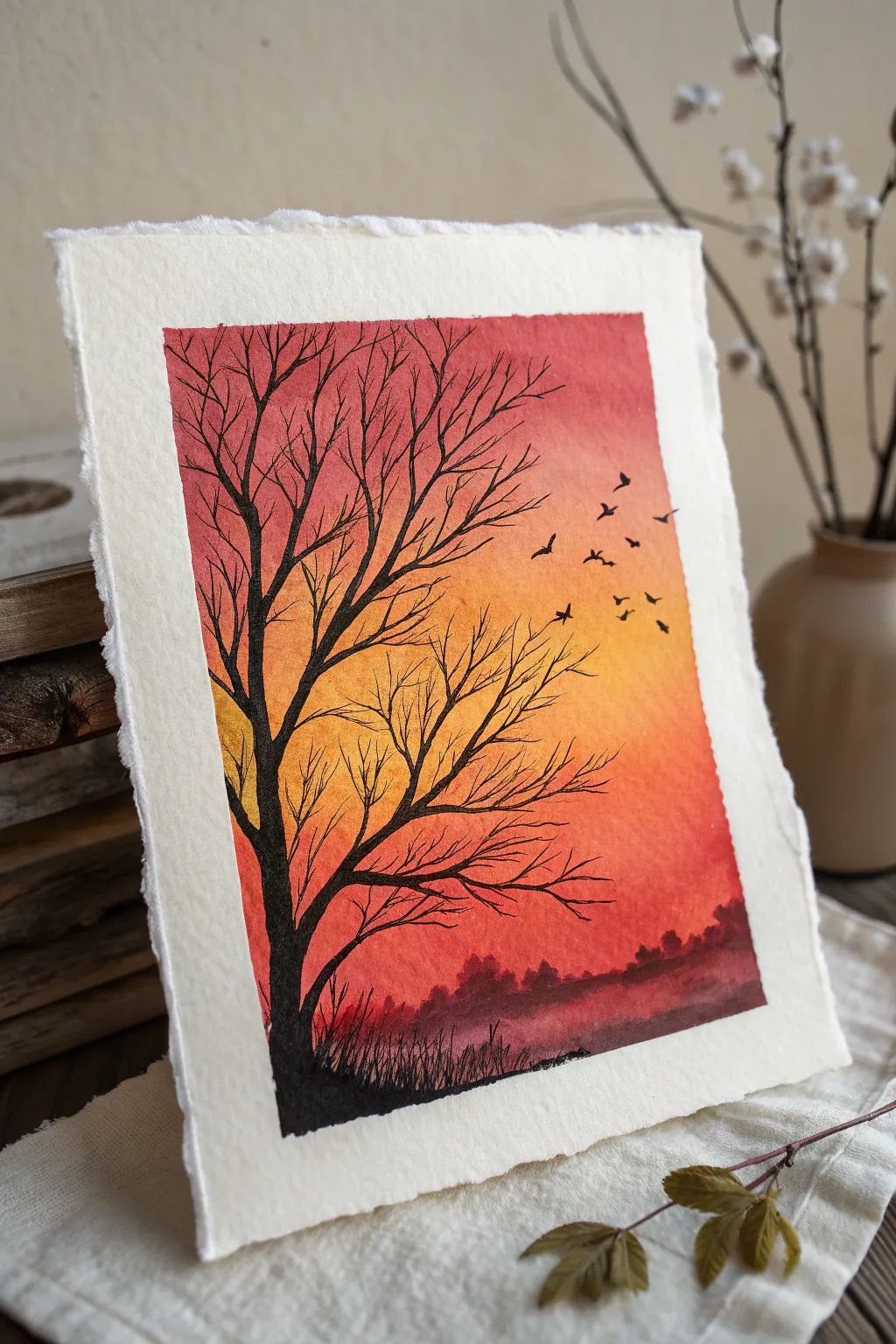 Minimalist autumn silhouette sunset in warm amber and red, perfect for cozy seasonal art.