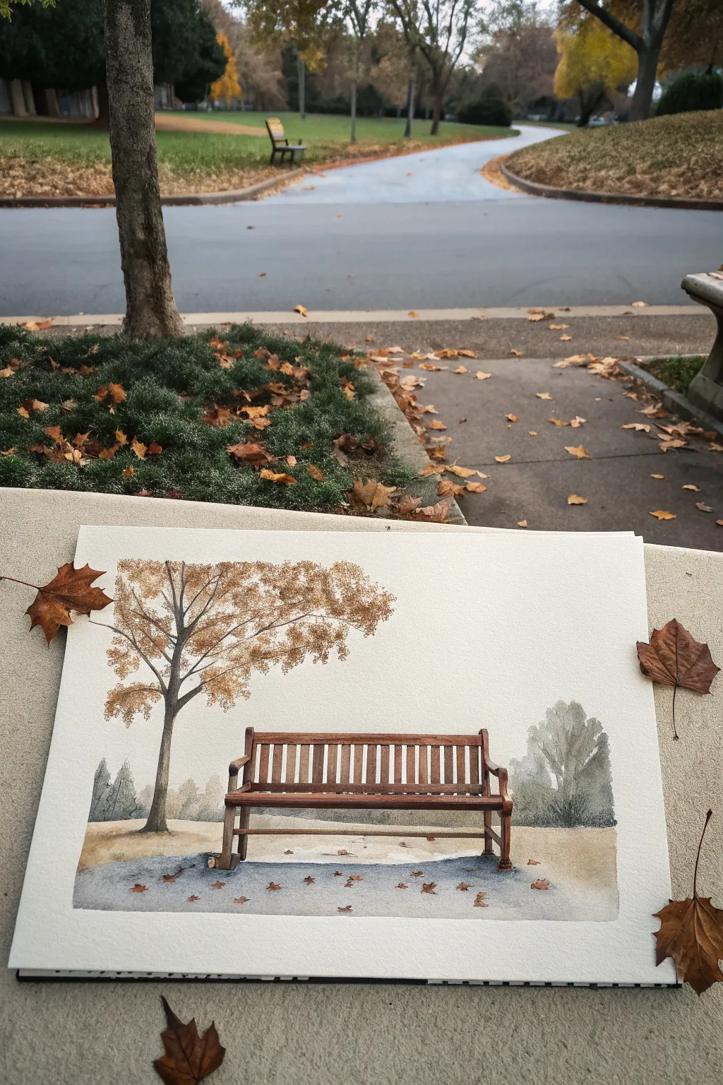 Minimal autumn park bench study in watercolor, soft falling leaves and calming negative space
