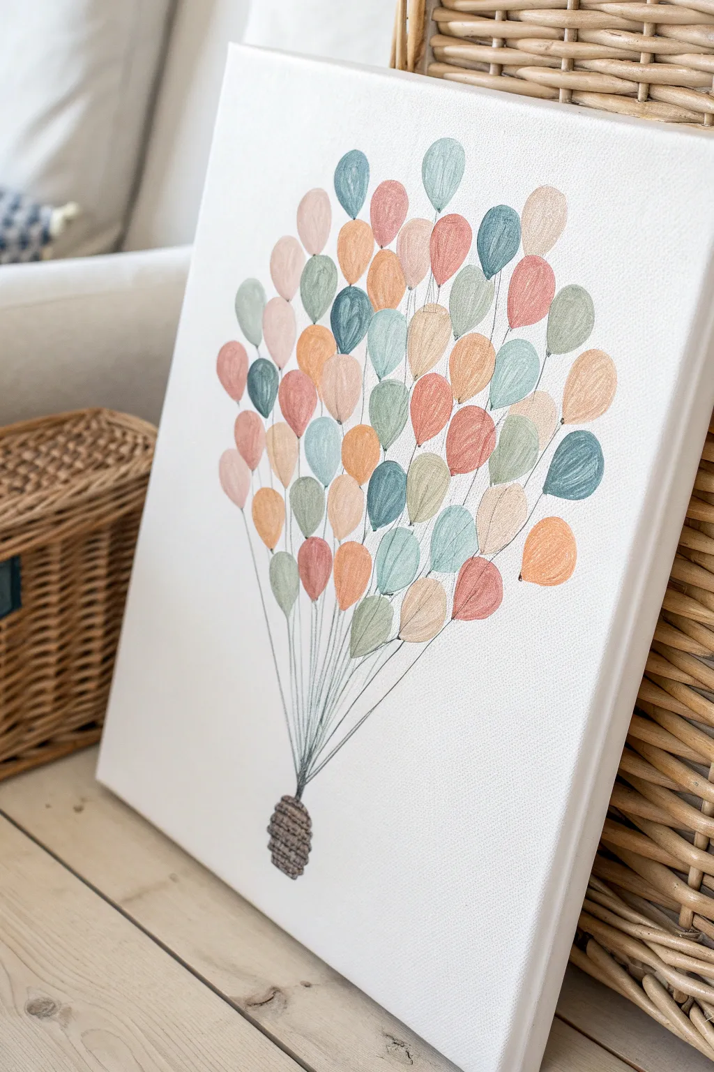 Sweet baby fingerprint balloons on a minimalist canvas, perfect for a nursery keepsake.