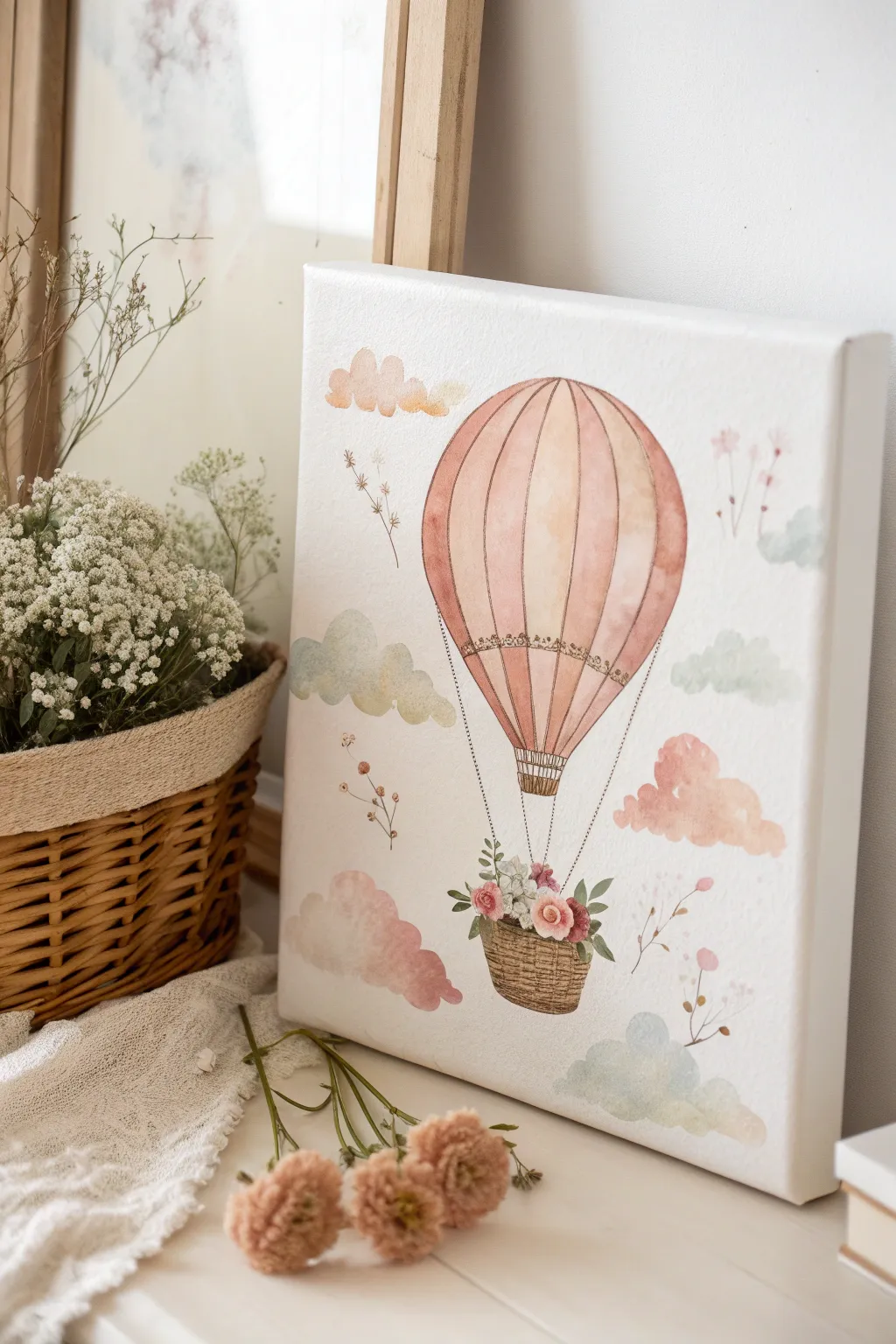 Soft hot air balloon canvas art in blush tones, perfect for a dreamy baby girl nursery