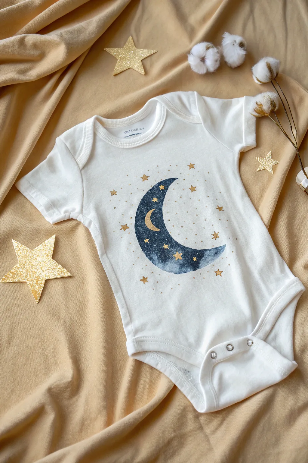 Moon and stars night-sky onesie with bold indigo contrast and delicate brush-tip star dots