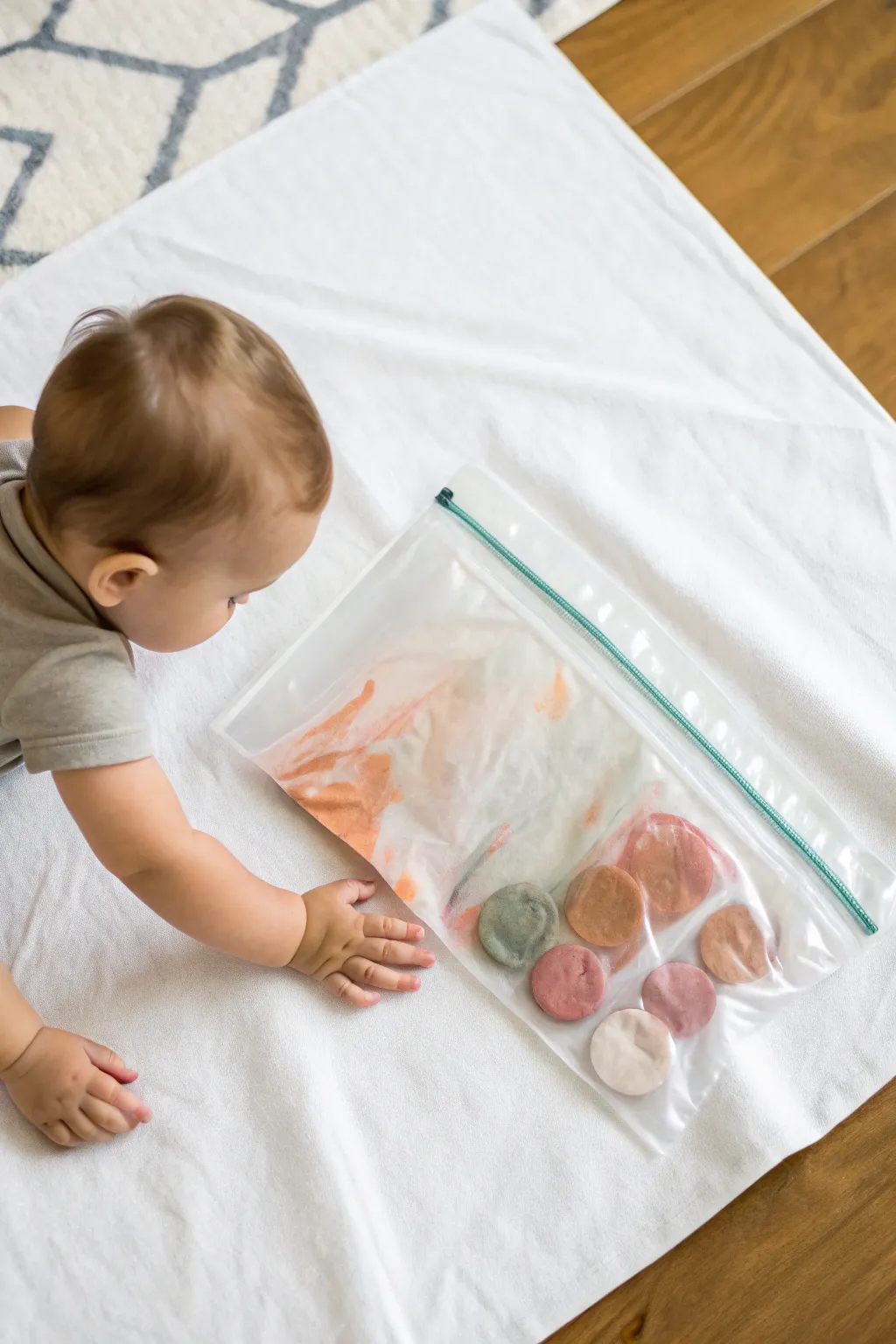 Mess-free tummy-time painting: sealed zip bag color squish for pre-walkers on a clean paper sheet