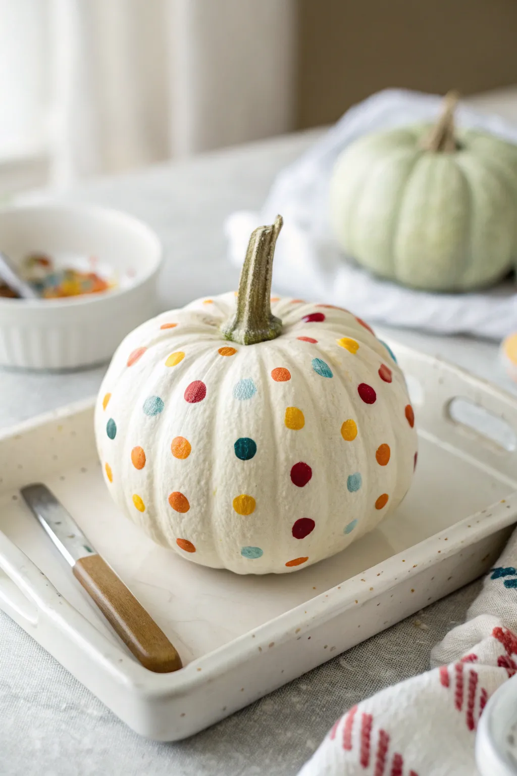 Confetti fingerprint baby pumpkin with washable paints, minimalist setup for easy cleanup.