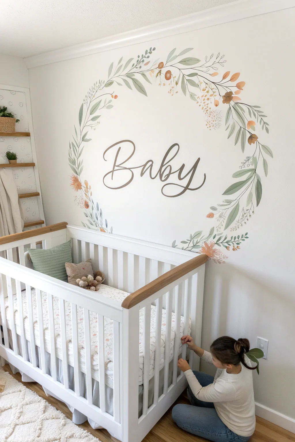 Soft Scandinavian nursery mural with hand-painted name lettering, wreath detail, and visible guidelines