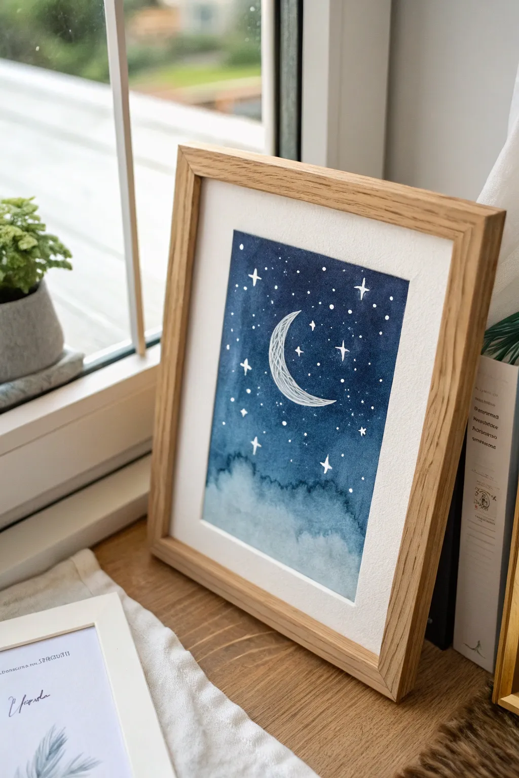 Starry night baby shower art idea with splatter stars in a nursery-ready Scandinavian frame