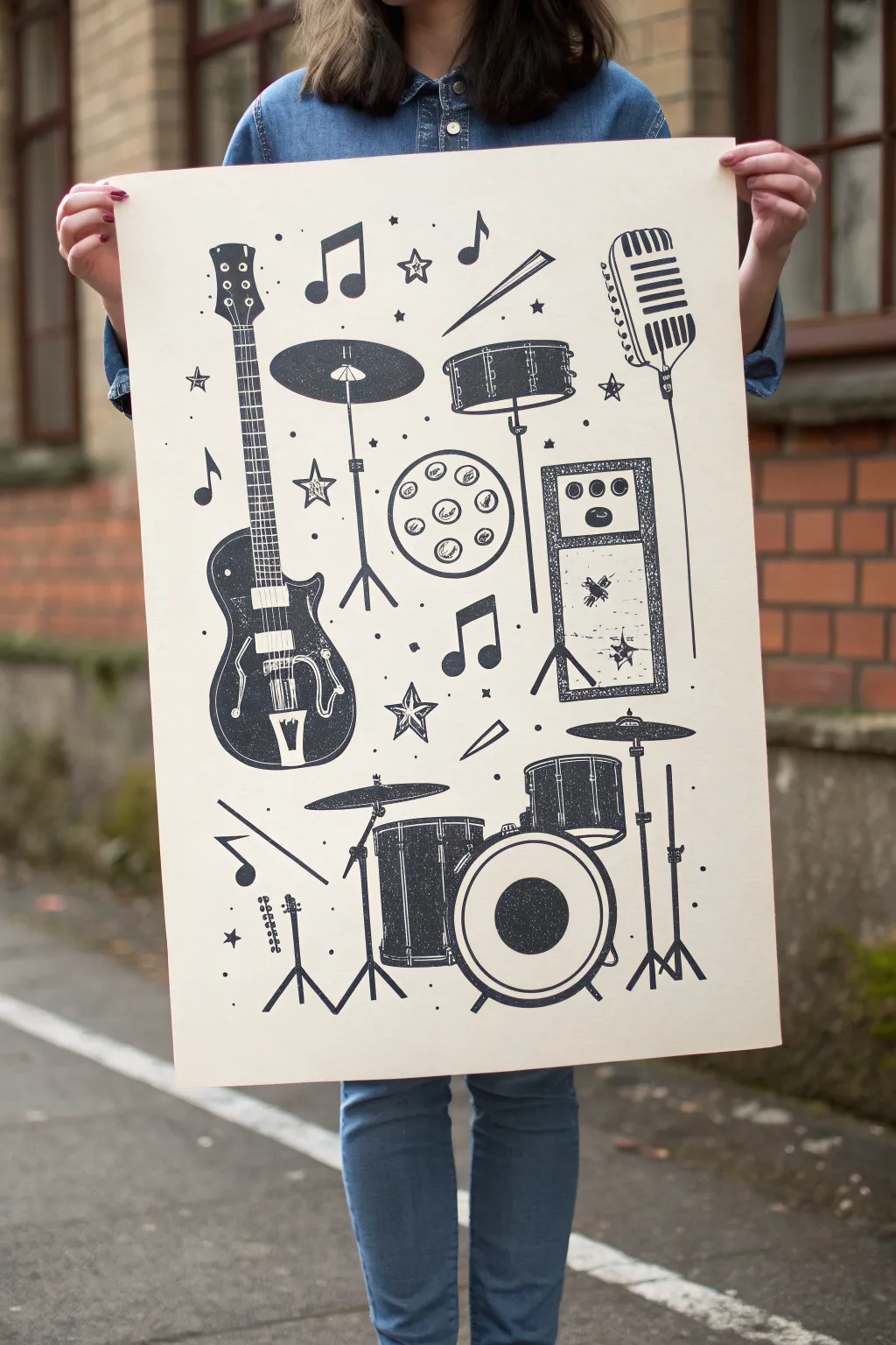 Minimalist band-poster collage with bold instruments and boho color blocks, perfect drawing inspo
