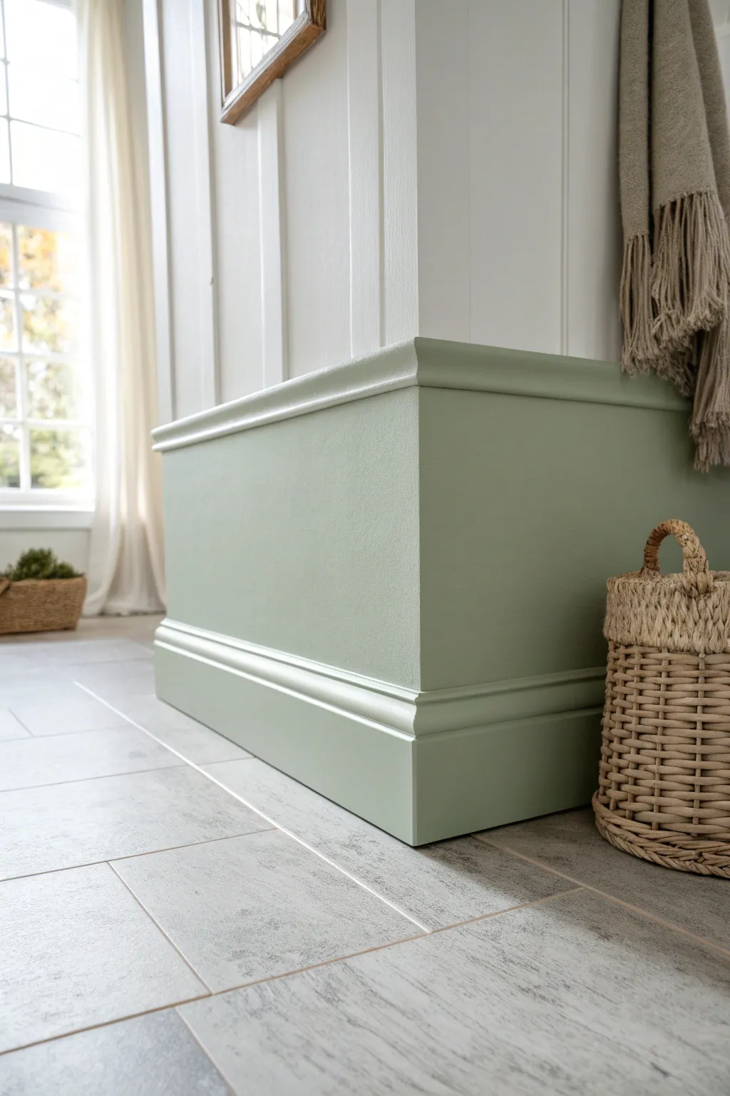 Sage green baseboards add earthy calm against crisp white walls and cool tile surfaces