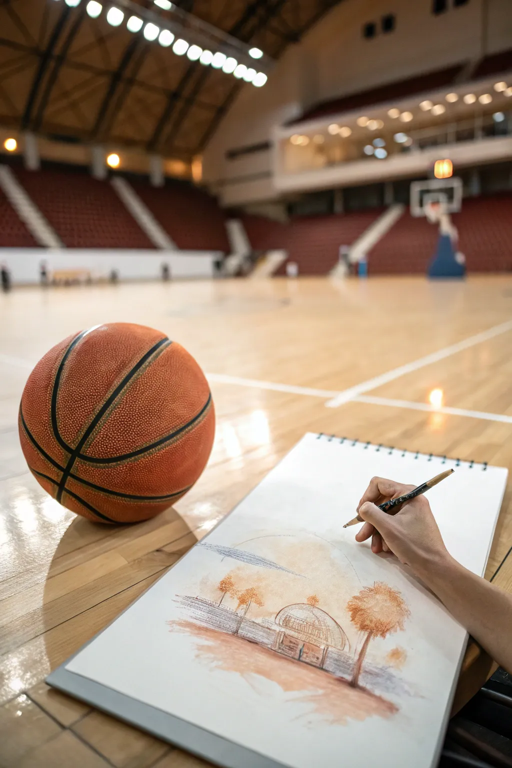 Capture the layup moment: crisp ball at the backboard corner under soft arena light.