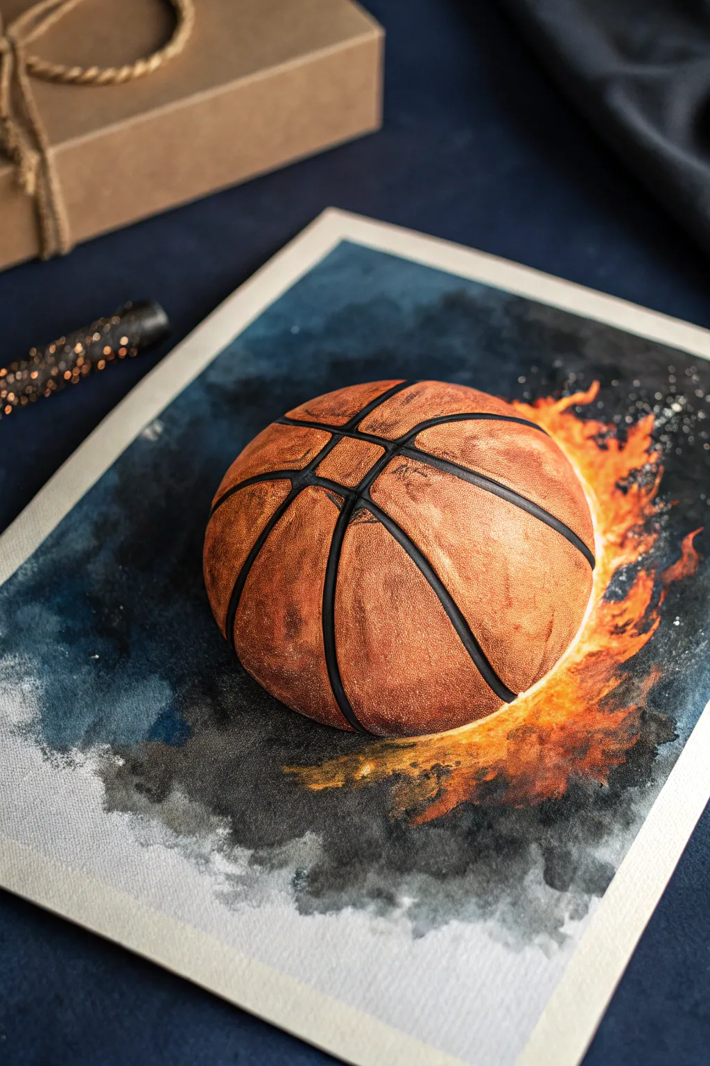 Flaming basketball painting idea: glowing fire colors on a dark backdrop, clean minimalist style