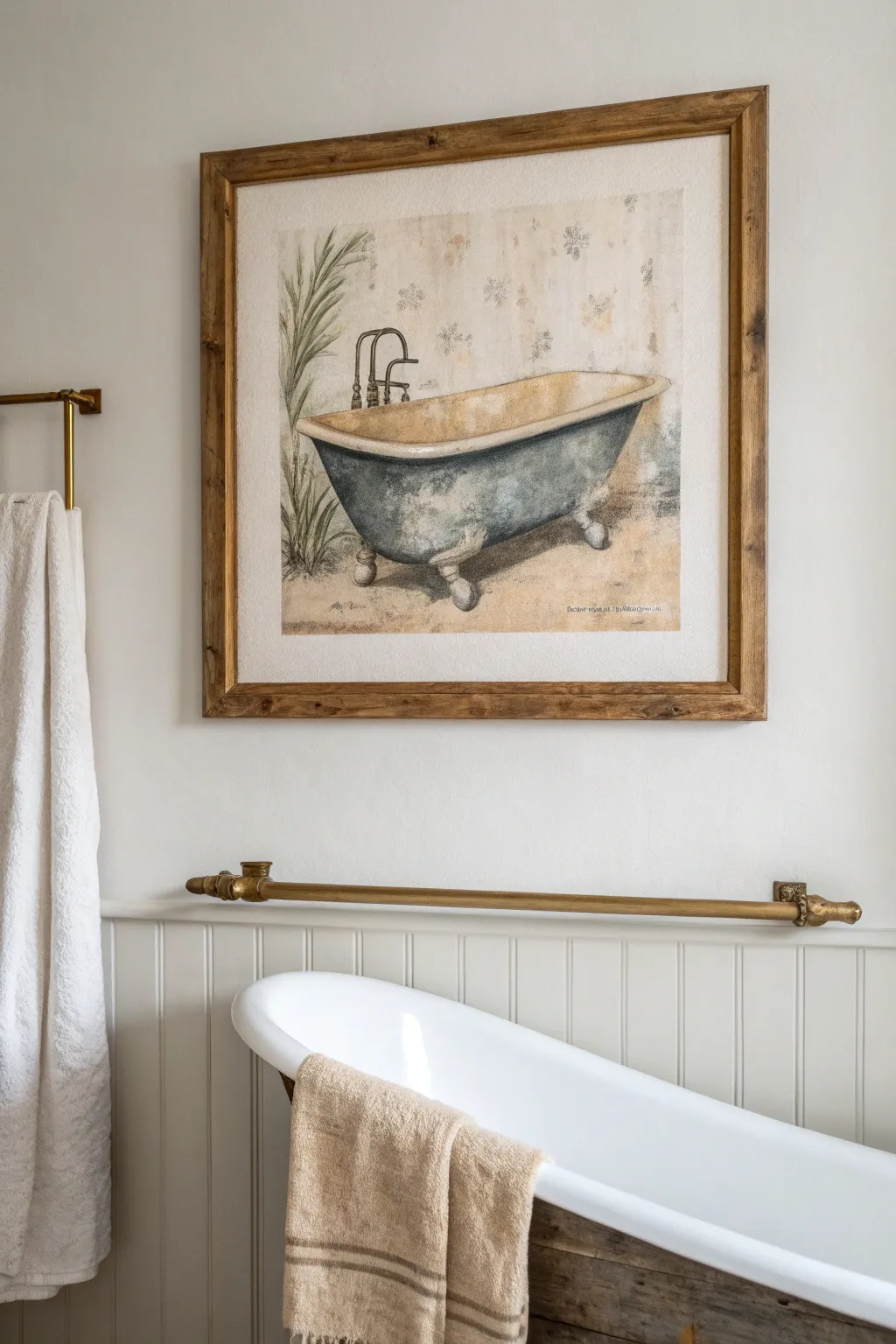 Vintage clawfoot tub canvas above the towel bar, minimalist bath styling with soft boho warmth
