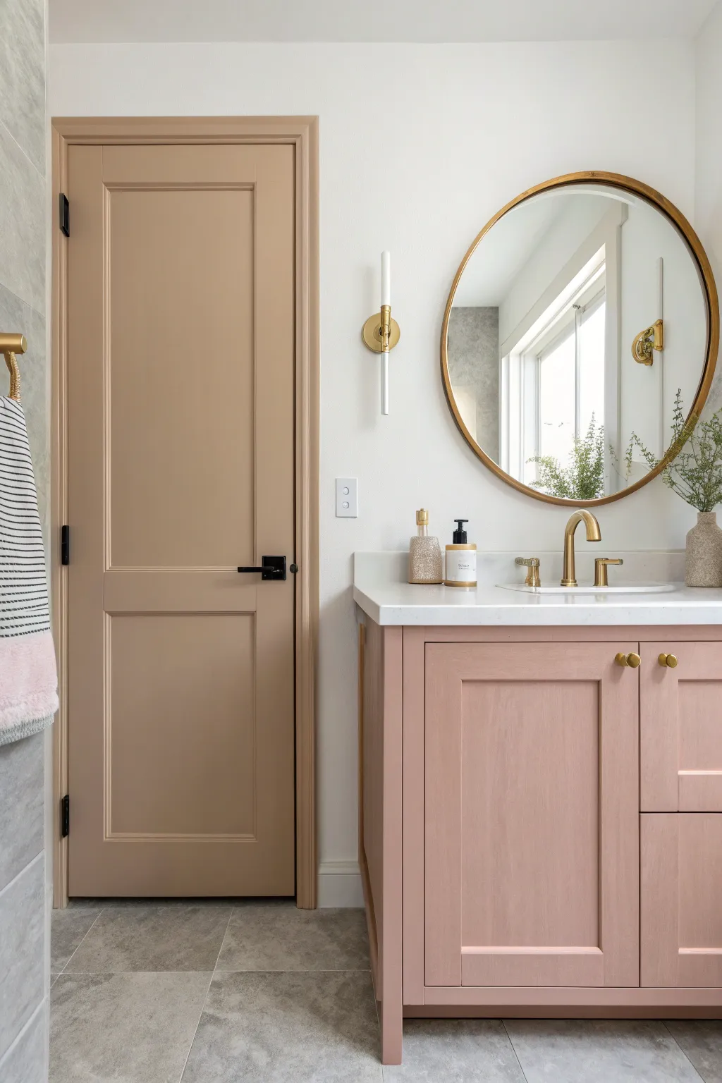 Match your bathroom door to the vanity tone for a calm, cohesive look with soft Scandinavian vibes